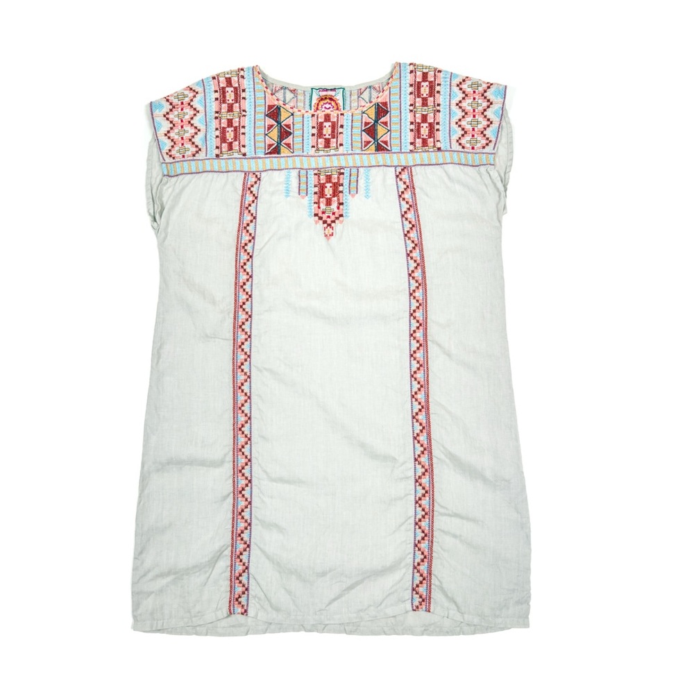 Johnny Was Ezra Embroidered Linen Shift Tunic Dress Size L Tribal Motif Gray